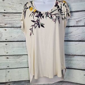 Maurices 24/7 Ivory Floral Print Tunic Top L High Low Hem Casual Soft Stretch
